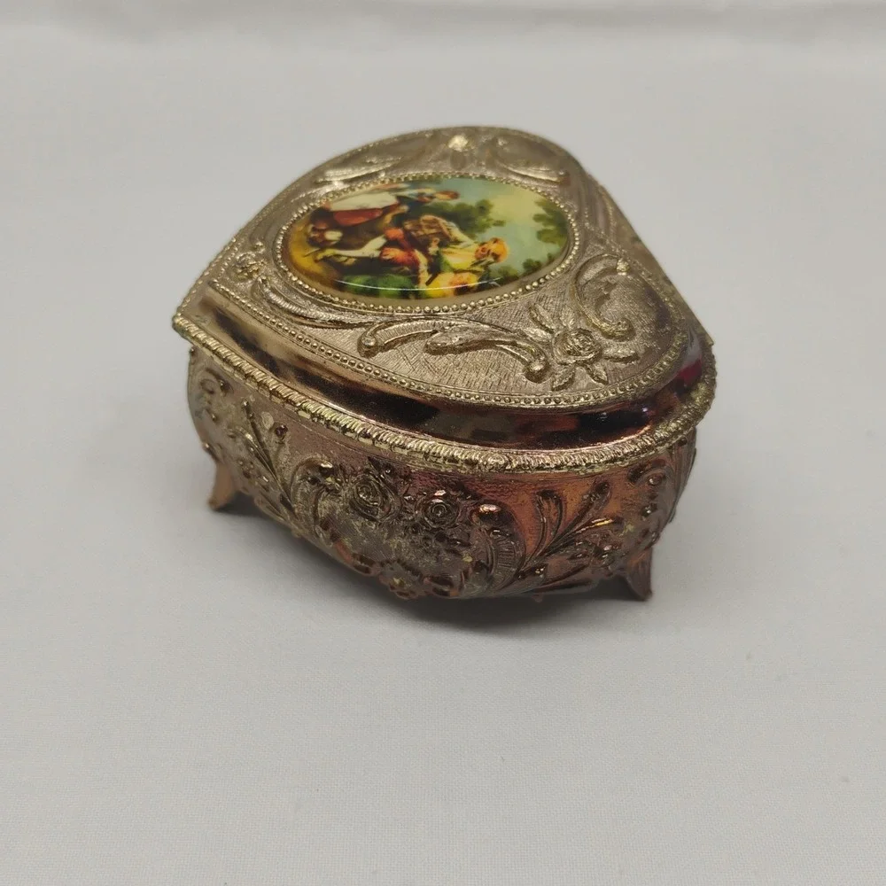 Vintage Victorian Ornate Japan Gold Tone Metal Trinket Box Lined Footed Jewelry